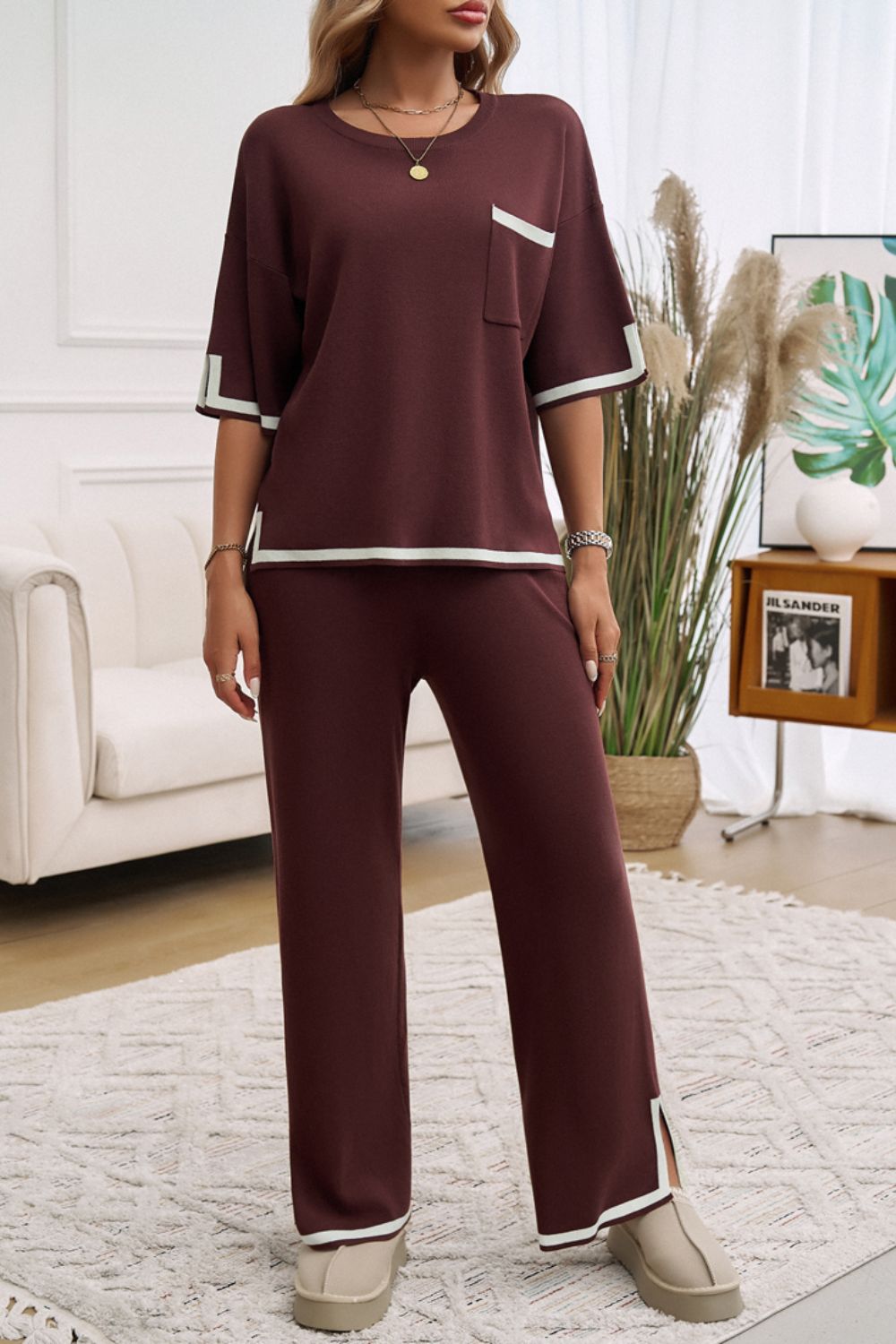 Devine Contrast Trim Half Sleeve Top and Pants Set  Trendsi Chocolate S 