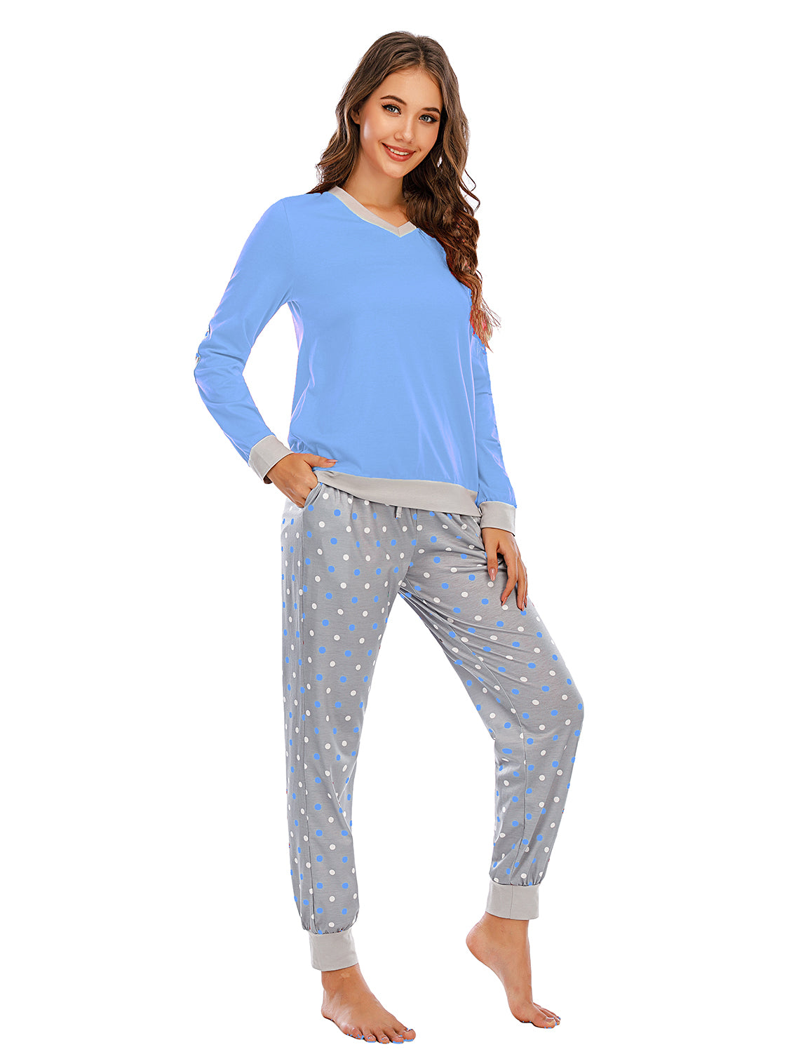 Long Sleeve Top and Polka Dot Pants Set  Trendsi   