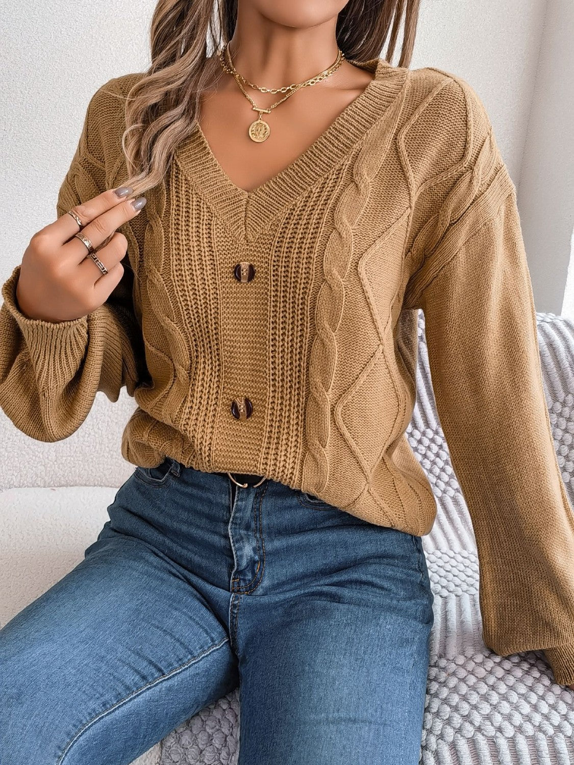 Cable-Knit Buttoned V-Neck Sweater  Trendsi   