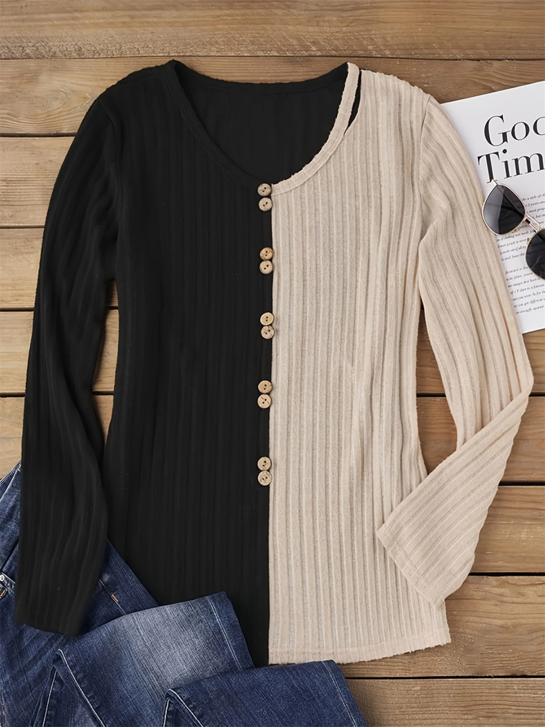 Decorative Button Contrast Round Neck Long Sleeve T-Shirt T-Shirt Trendsi   