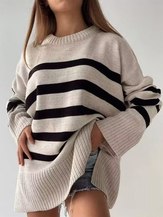 Slit Striped Round Neck Sweater  Trendsi Dust Storm S 