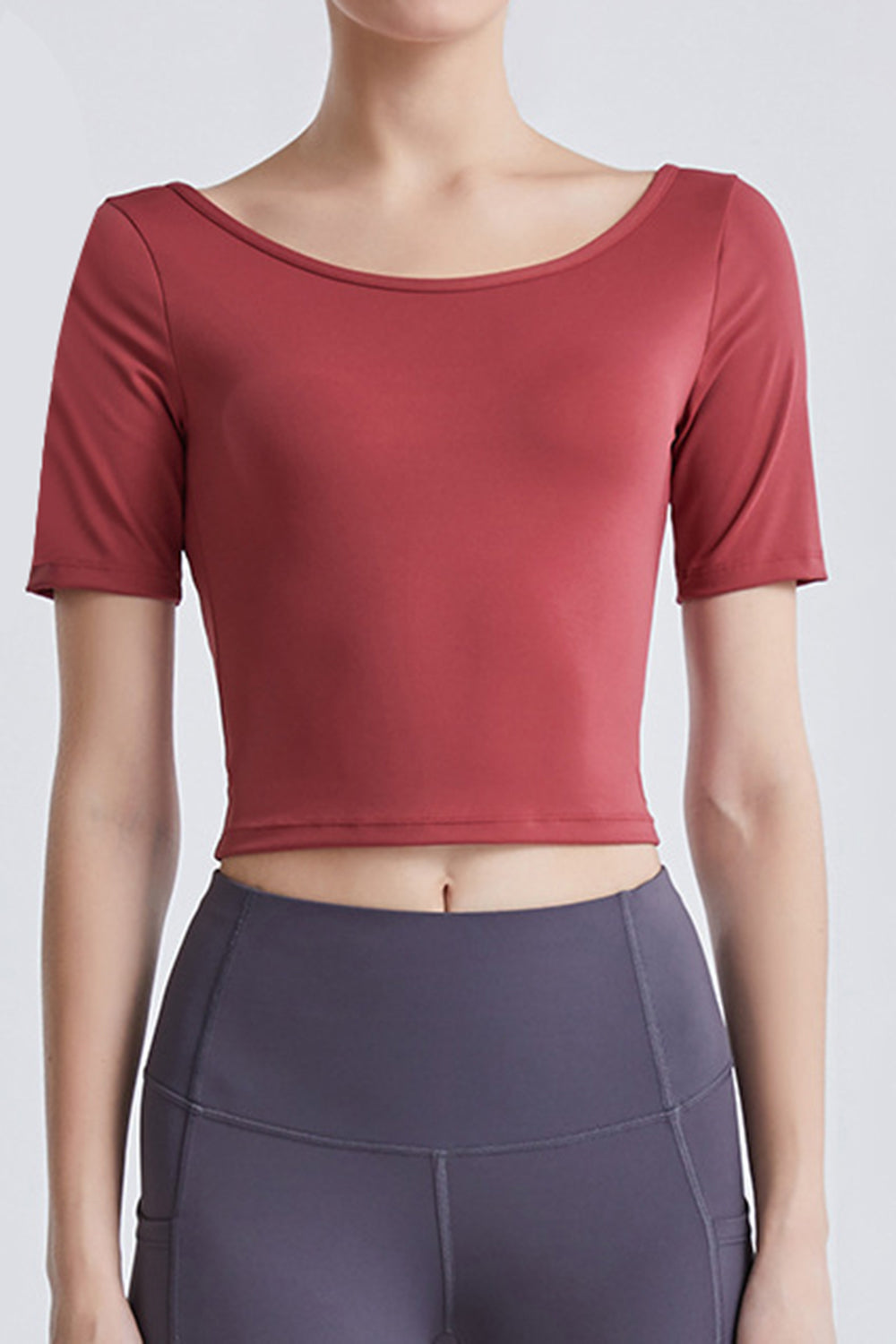 Cutout Backless Round Neck Active T-Shirt  Trendsi Rust S 