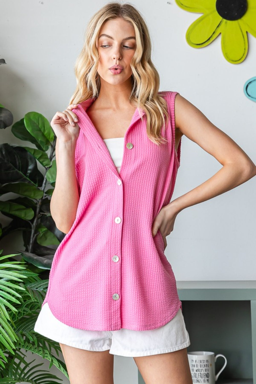 Heimish Full Size Texture Button Up Sleeveless Top  Trendsi Pink S 