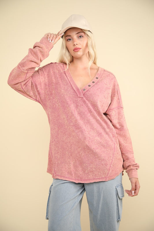 VERY J Washed V-Neck Exposed Seam Knit Top Luxe Trendsi Mauve S 