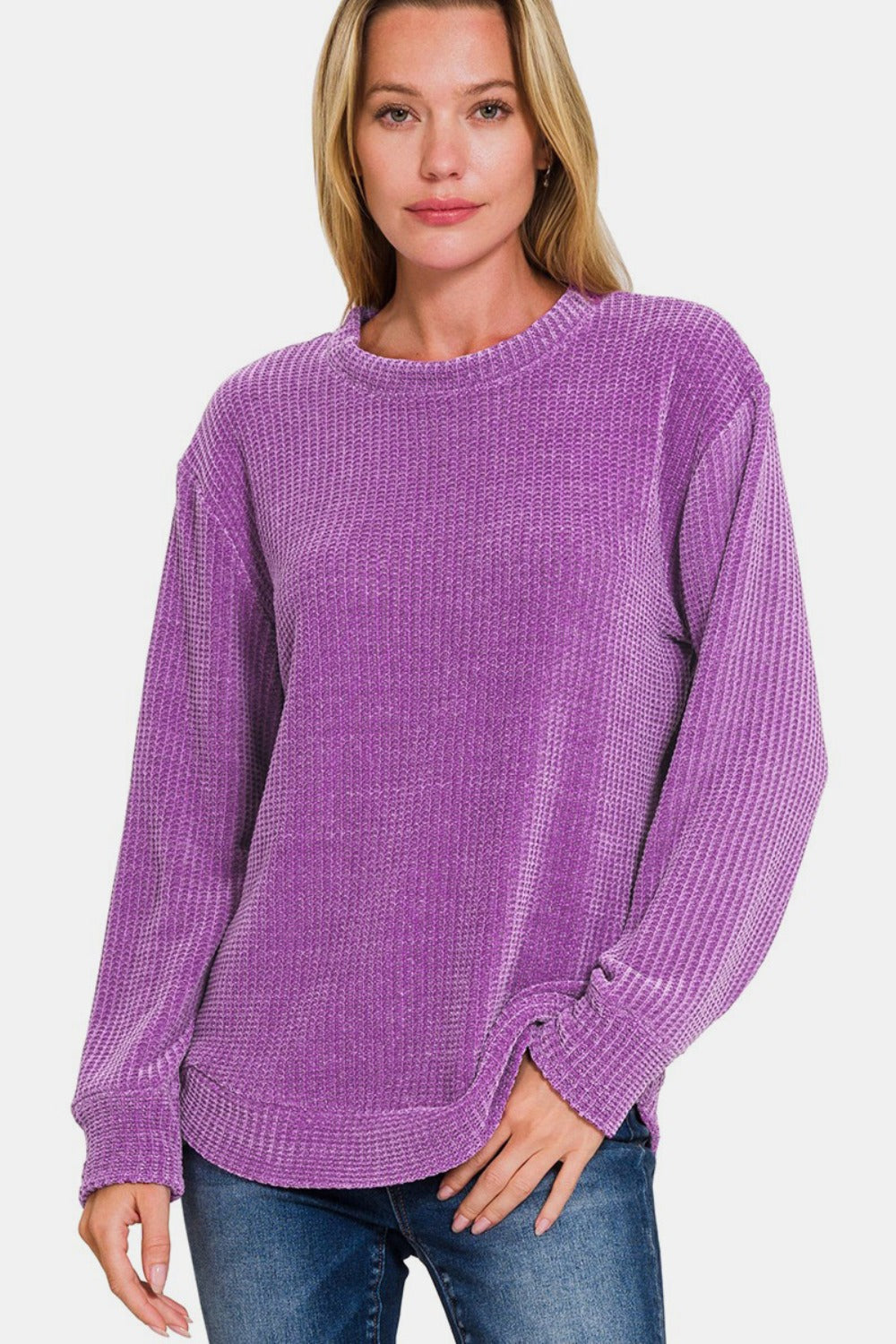 Zenana Chenille Waffle Round Neck Sweater  Trendsi Violet S 