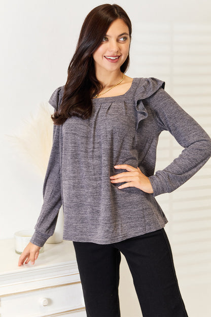 Double Take Square Neck Ruffle Shoulder Long Sleeve T-Shirt Sale Trendsi   