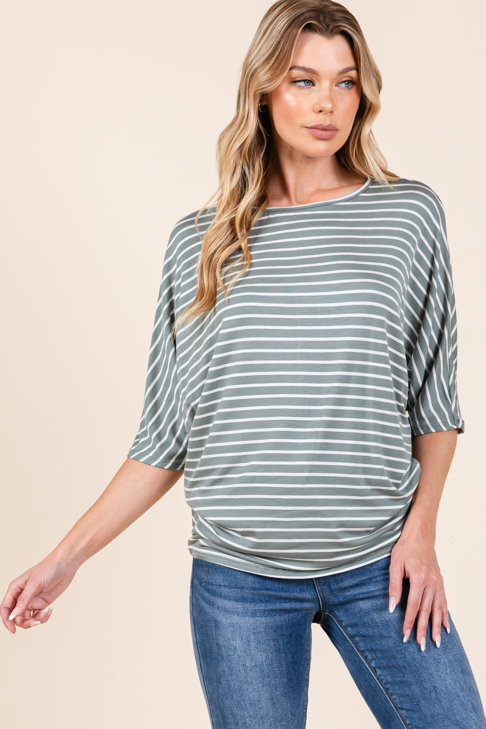 BOMBOM Striped Boat Neck Dolman Sleeve Top  Trendsi   