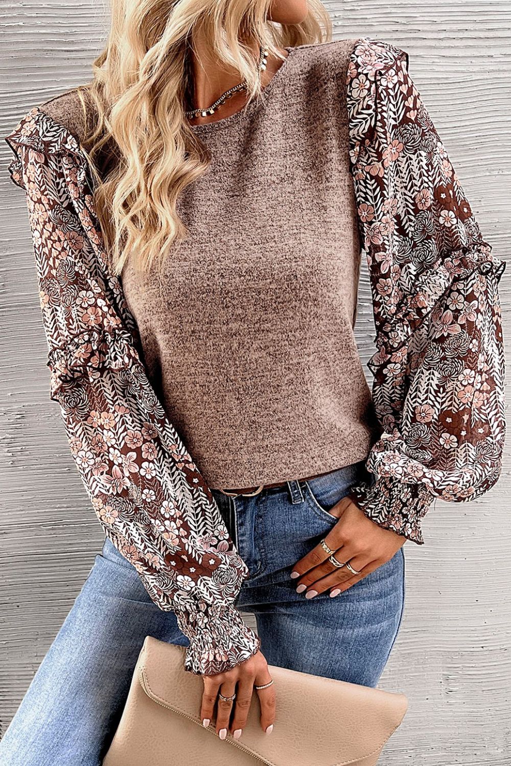 Heathered Floral Frill Lantern Sleeve Blouse Blouse Trendsi Khaki S 