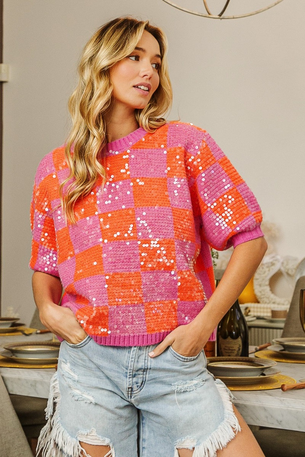 BiBi Checkered Short Sleeve Sequin Sweater  Trendsi   