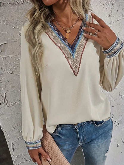 Contrast V-Neck Long Sleeve Blouse Blouse Trendsi   