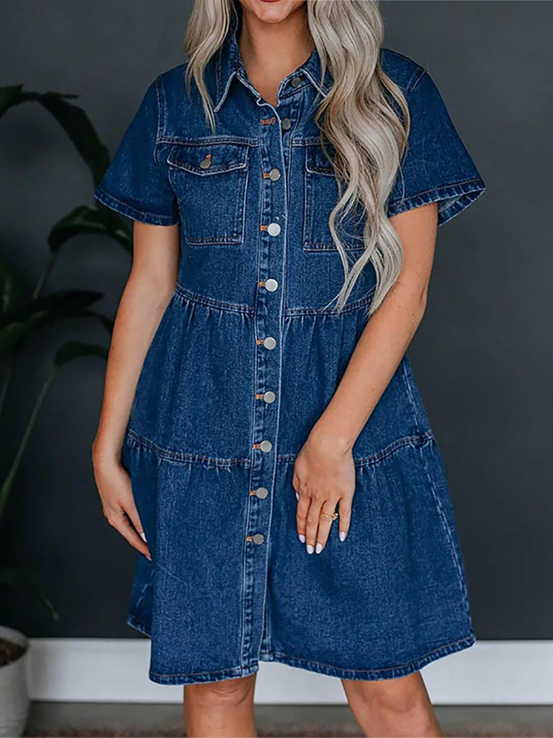 Pocketed Button Up Collared Neck Short Sleeve Denim Dress Dress Trendsi   