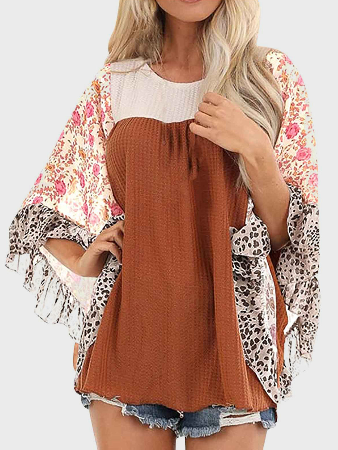 Full Size Printed Round Neck Three-Quarter Sleeve Blouse  Trendsi Caramel S 