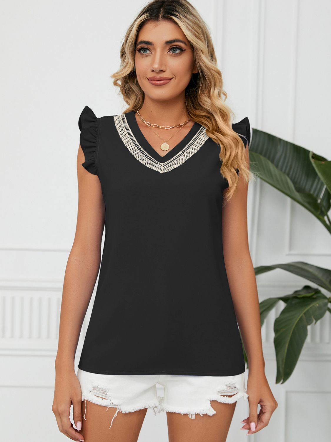 Ruffled V-Neck Cap Sleeve Blouse Blouse Trendsi Black S 