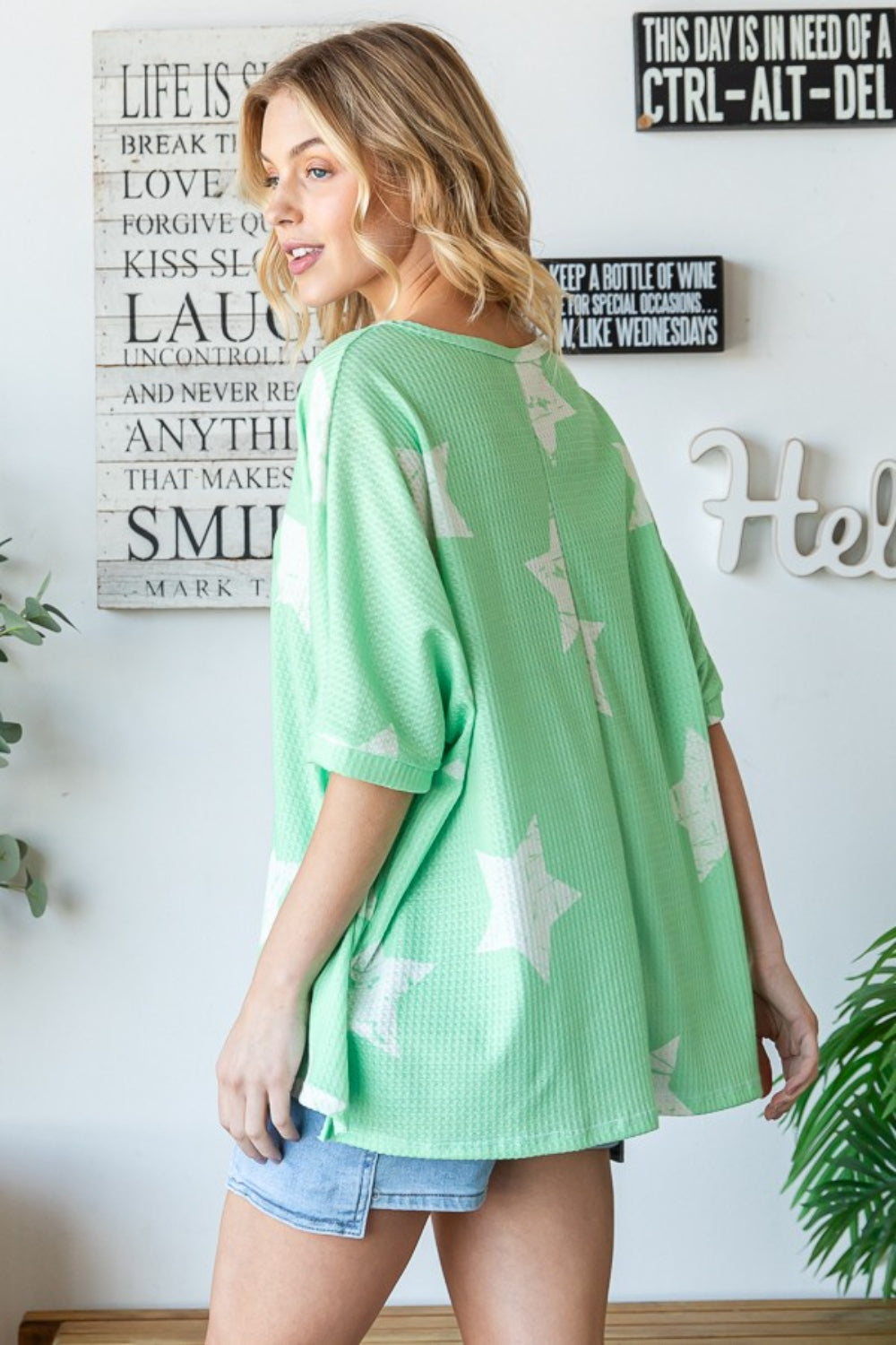 HOPELY Star Pattern Oversized Waffle T-Shirt  Trendsi   