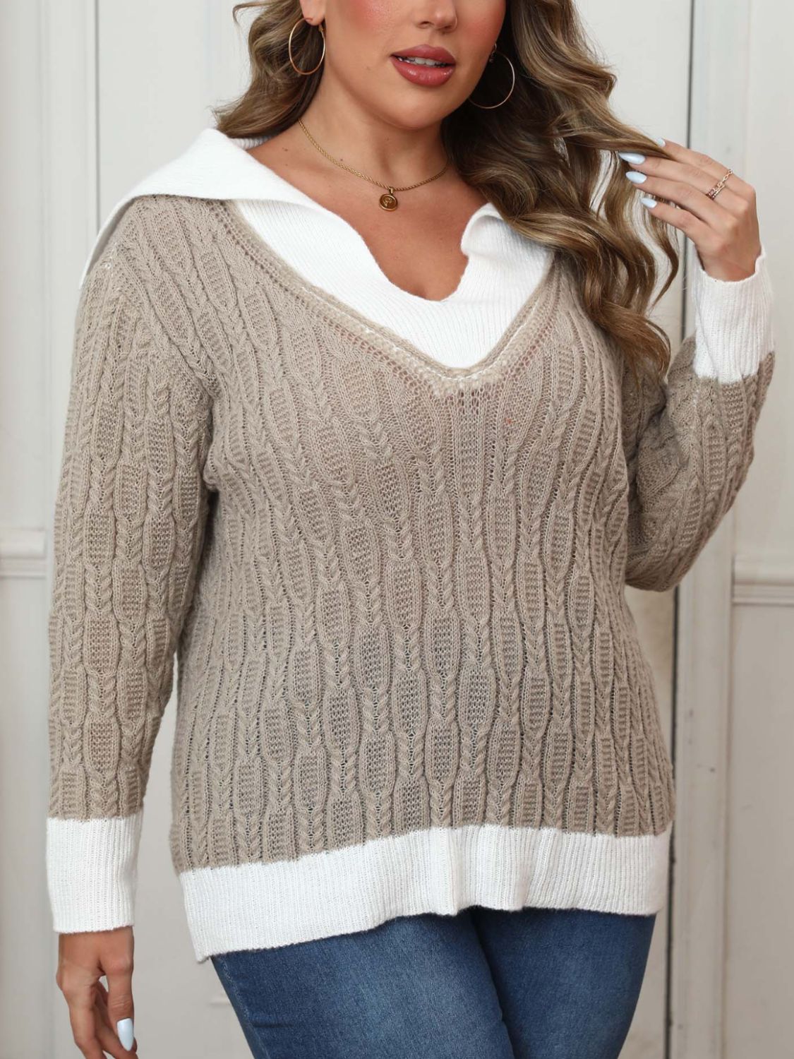 Plus Size Contrast Trim Collared Neck Sweater  Trendsi   