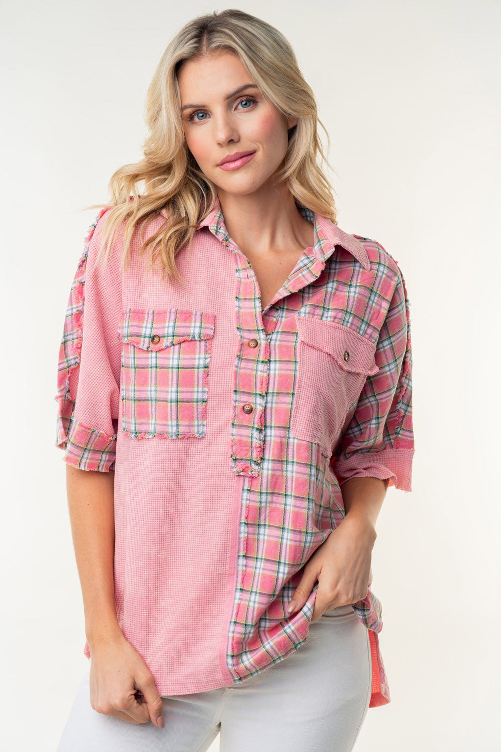 White Birch Plaid Color Block Half Button Top  Trendsi   