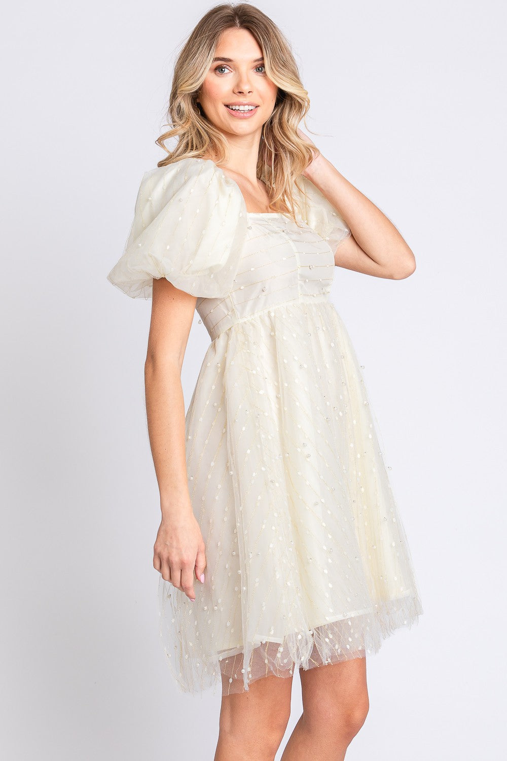 GeeGee Pearl Mesh Puff Sleeve Babydoll Dress  Trendsi   