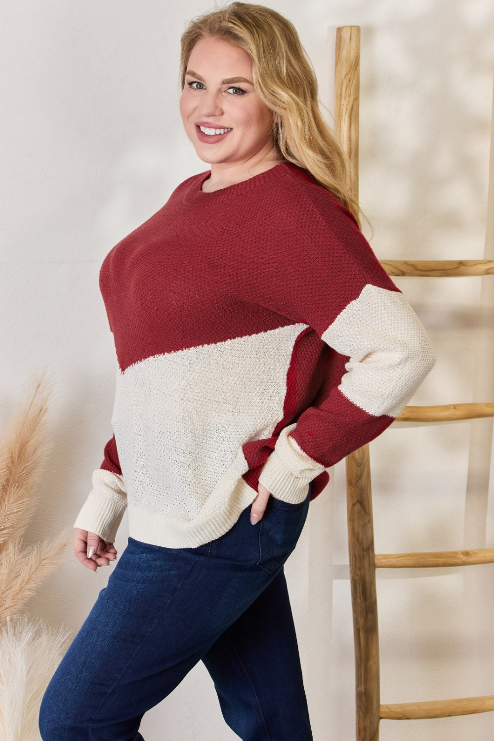 Hailey & Co Full Size Color Block Dropped Shoulder Knit Top  Trendsi   