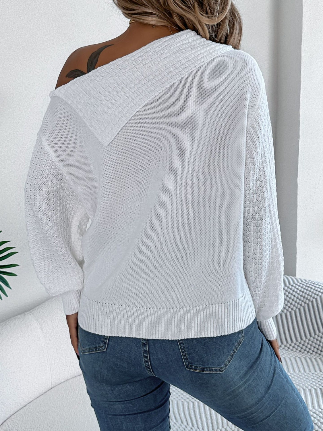 Cable-Knit One Shoulder Long Sleeve Sweater  Trendsi   