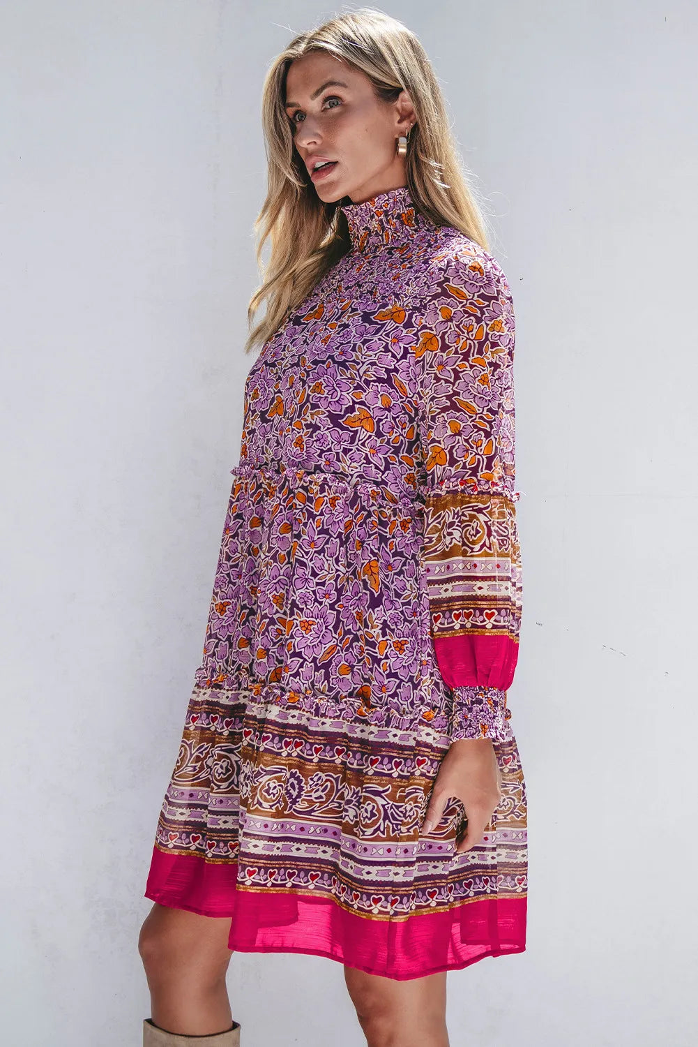 Smocked Floral Turtleneck Long Sleeve Dress  Trendsi   