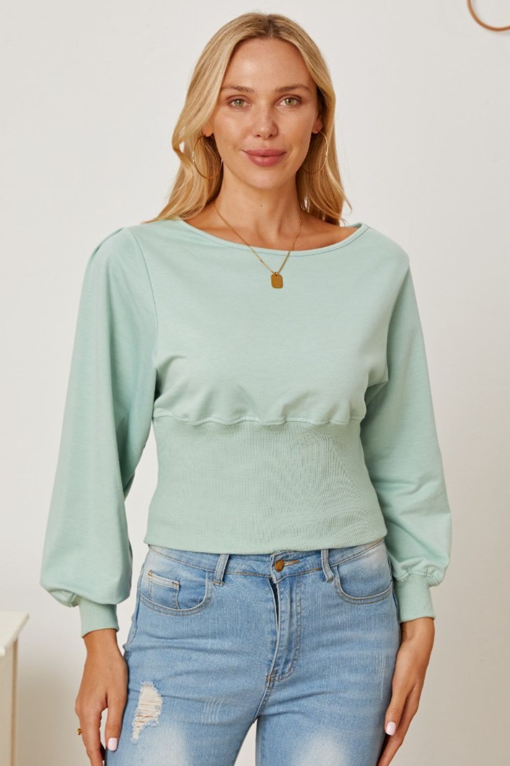 Boat Neck Lantern Sleeve Blouse Blouse Trendsi Sage S 