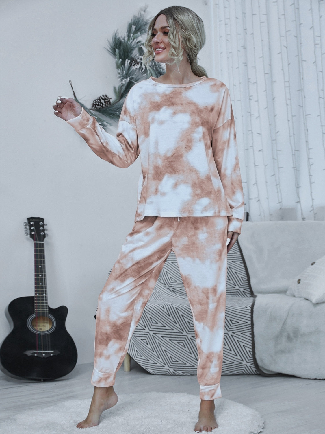 Shiny Tie-dye Round Neck Top and Drawstring Pants Lounge Set  Trendsi   