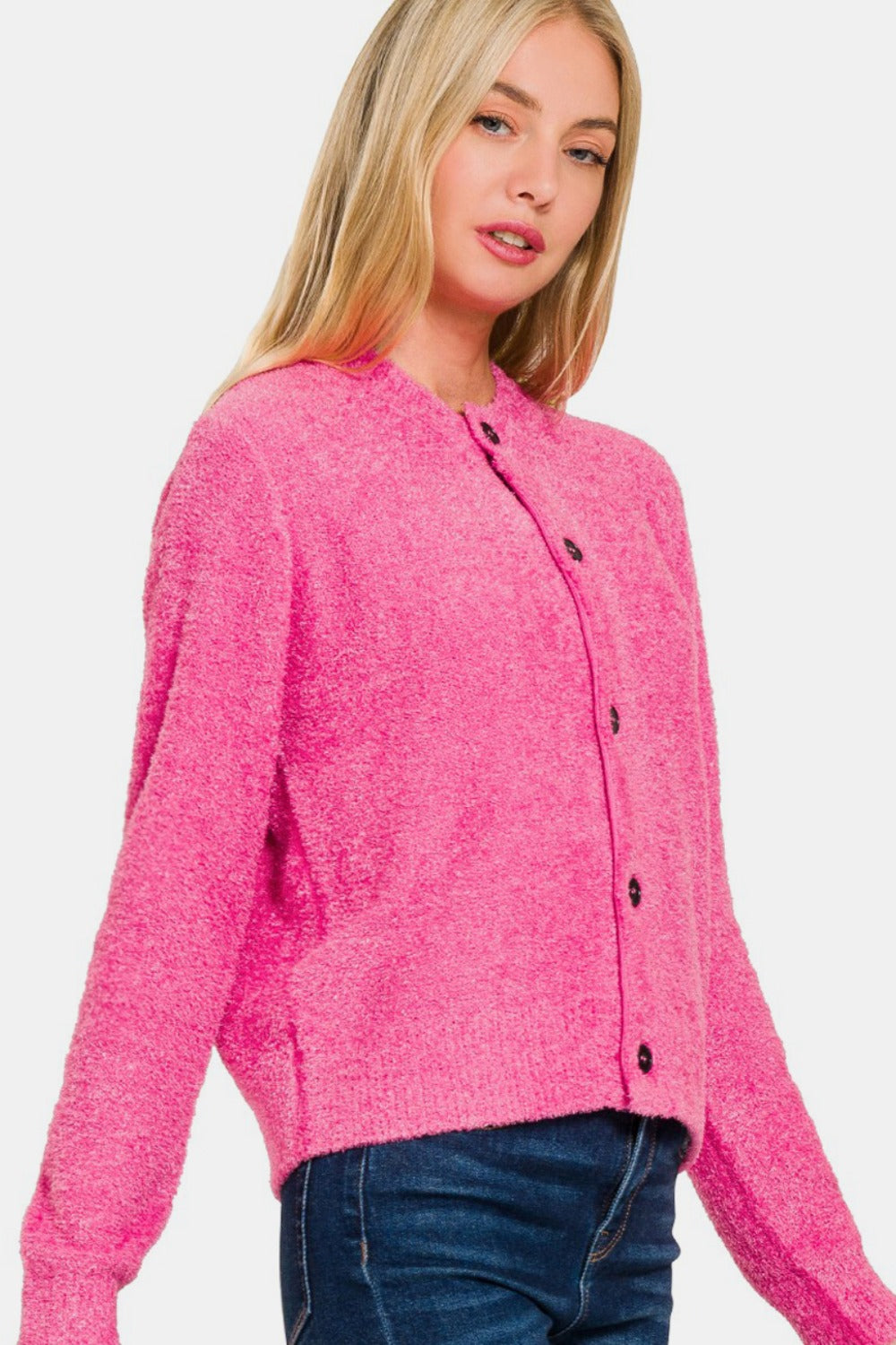 Zenana Button Down Long Sleeve Sweater Cardigan  Trendsi Fuchsia S 