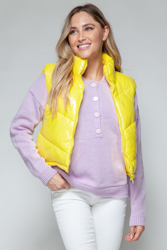 Snobbish Zip Up Turtleneck Shiny Quilted Vest  Trendsi Yellow S 