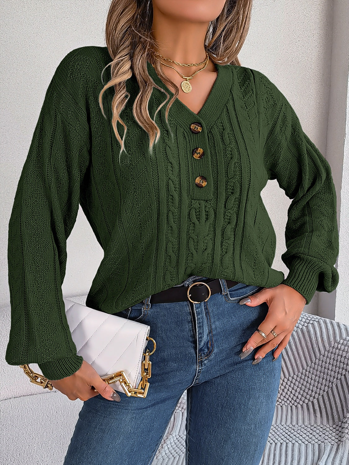 Cable-Knit V-Neck Long Sleeve Sweater  Trendsi   