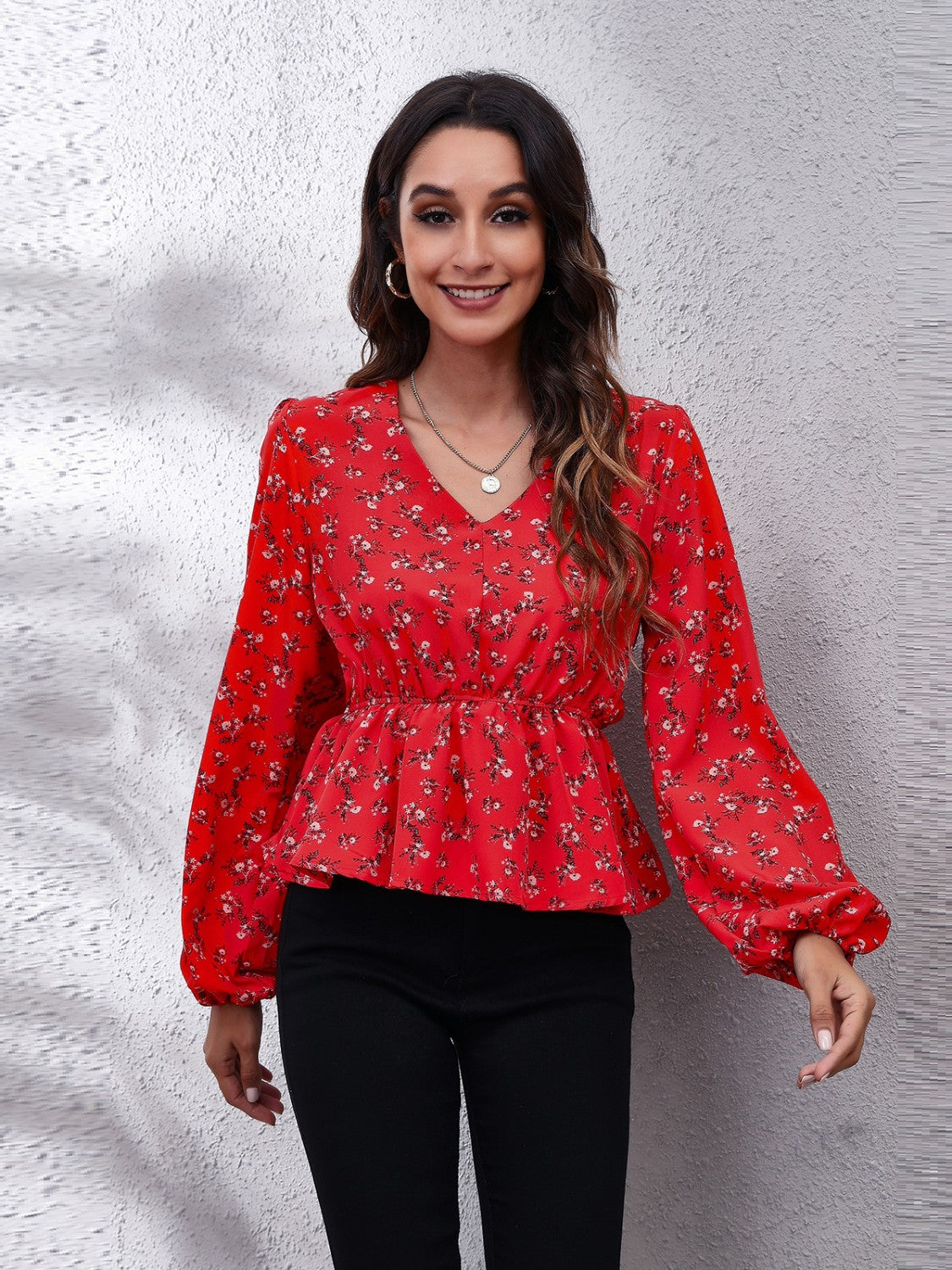 Floral V-Neck Balloon Sleeve Peplum Blouse Blouse Trendsi   