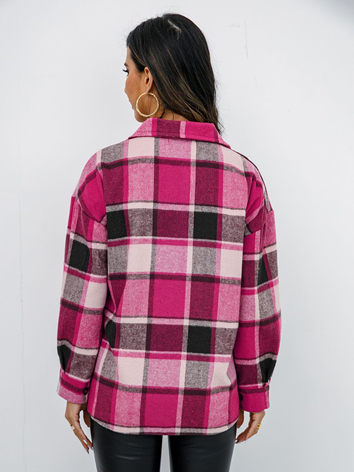 Shiny Plaid Button Up Collared Neck Jacket