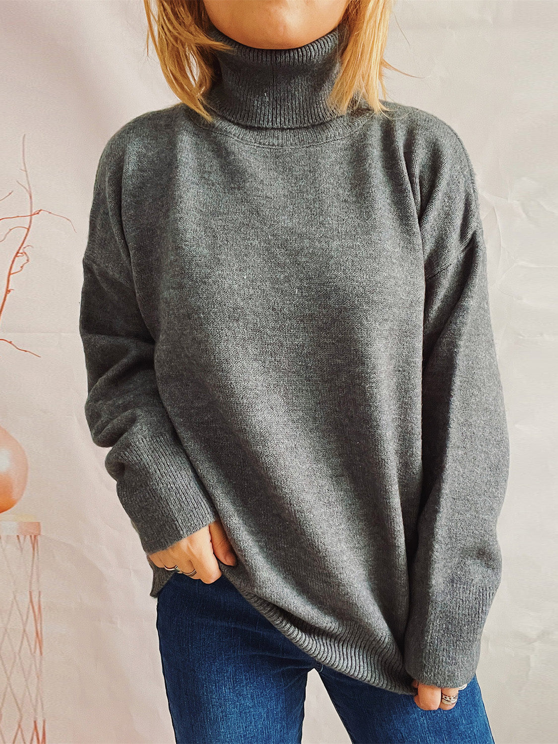 Turtleneck Long Sleeve Sweater  Trendsi Charcoal One Size 