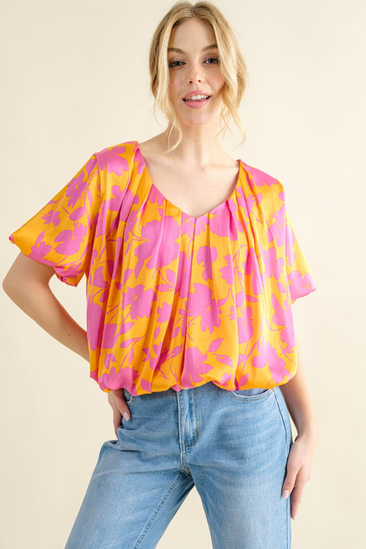 And The Why Full Size Printed Satin Bubble Hem Top  Trendsi Citrus S 