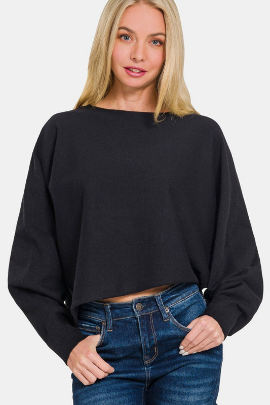 Zenana Asymmetric Hem Long Sleeve Sweater  Trendsi Black S 