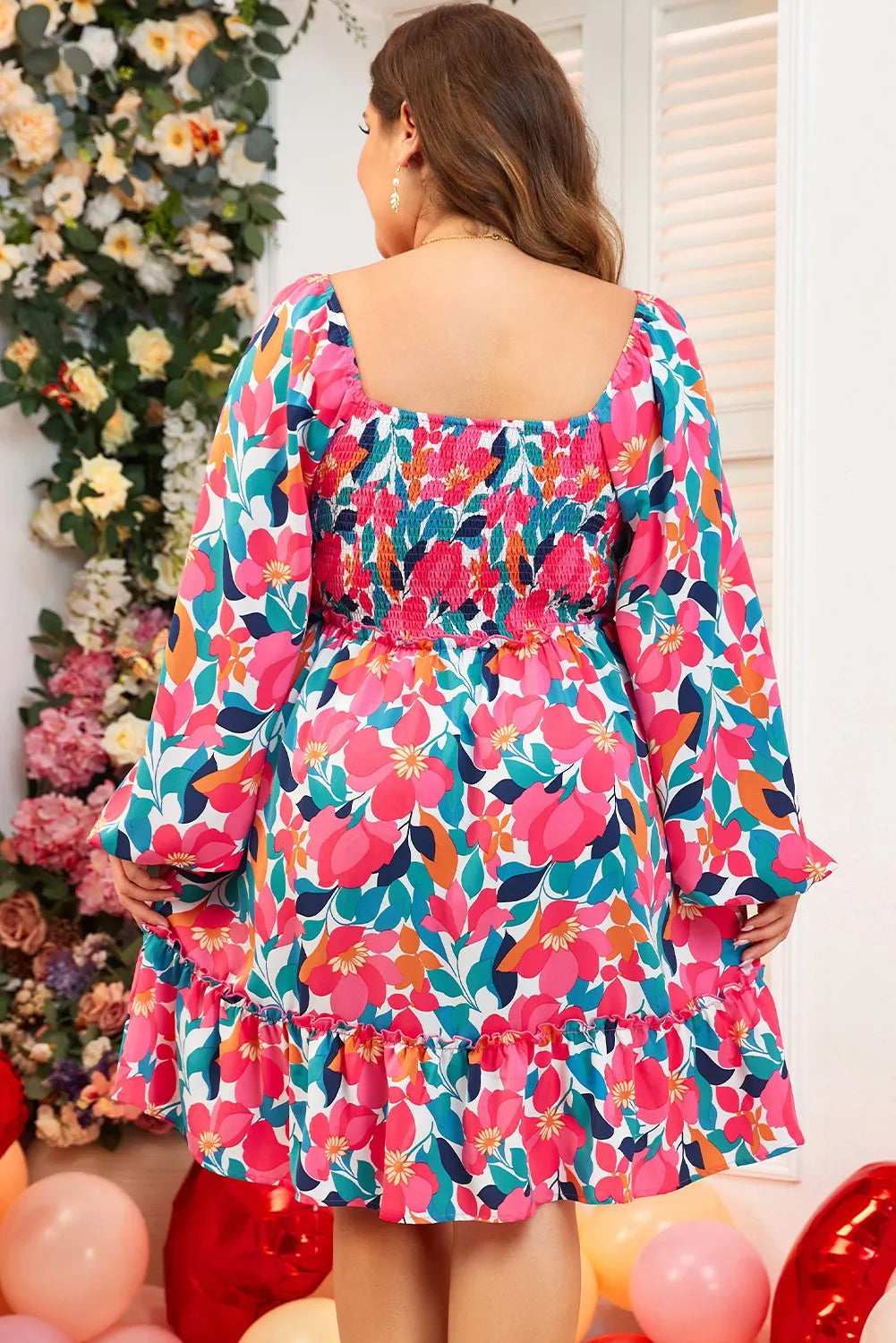 Plus Size Smocked Floral Square Neck Balloon Sleeve Dress  Trendsi   