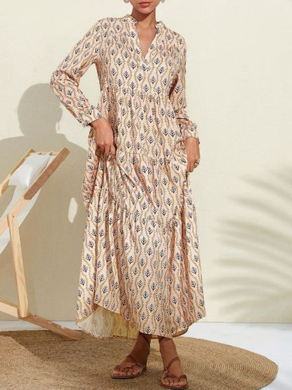 Printed Notched Long Sleeve Midi Dress  Trendsi Tan S 