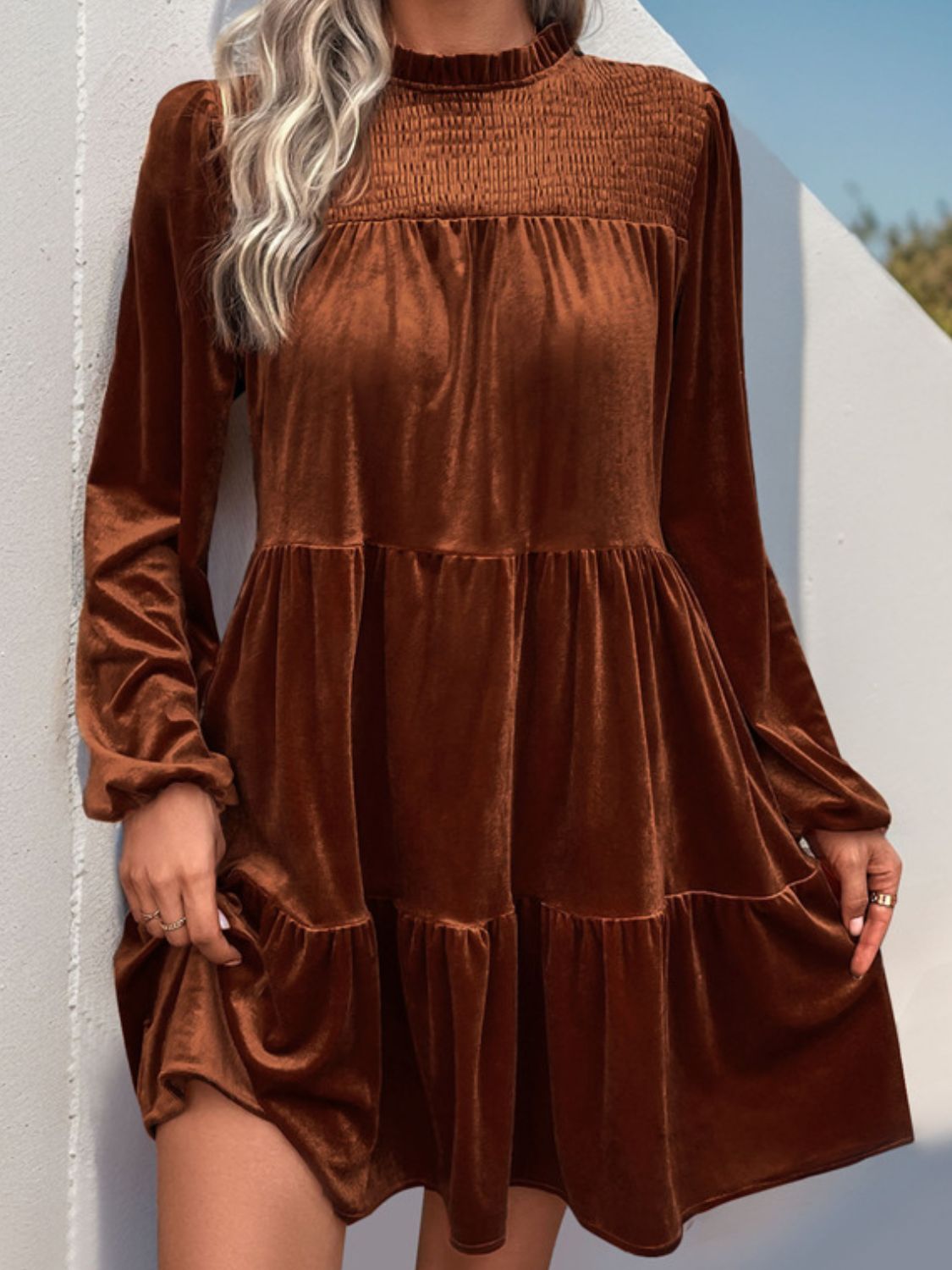 Perfee Tiered Ruched Mock Neck Long Sleeve Dress Dress Trendsi Caramel S 