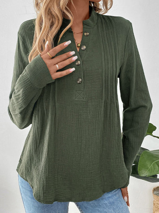 Perfee Textured Notched Long Sleeve Blouse  Trendsi Army Green S 