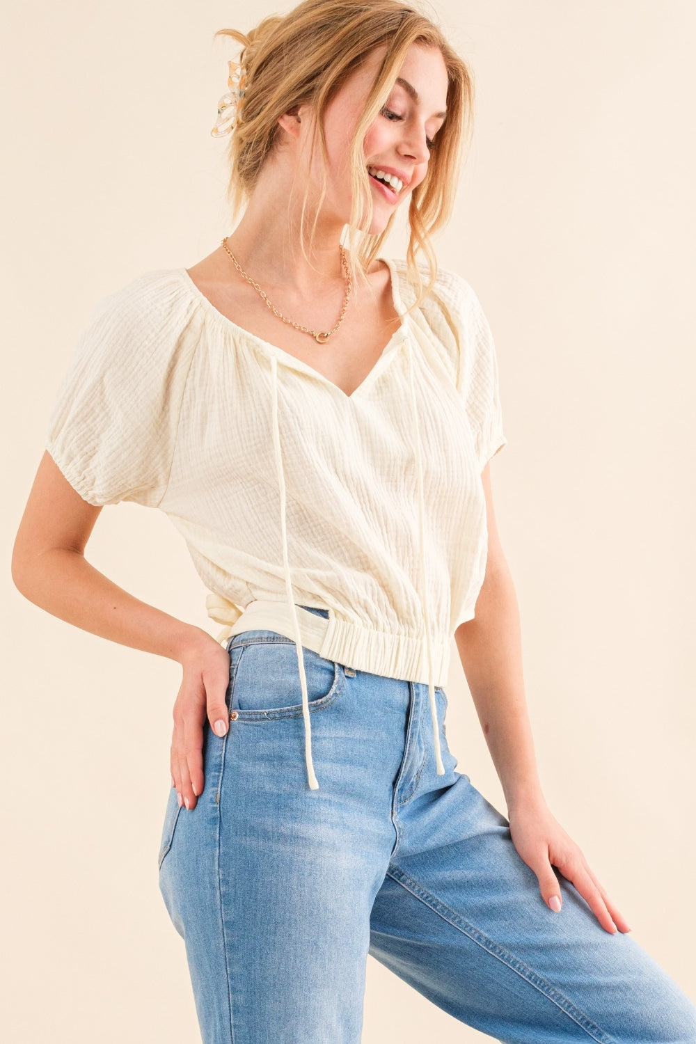 And The Why Back Waist Tie Cropped Blouse  Trendsi   