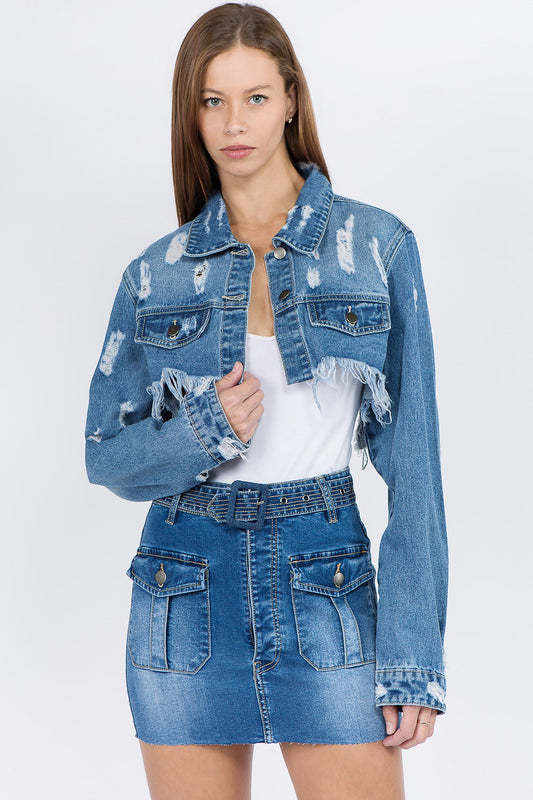 American Bazi Distressed Denim Jacket with Frayed Hem  Trendsi Blue S 