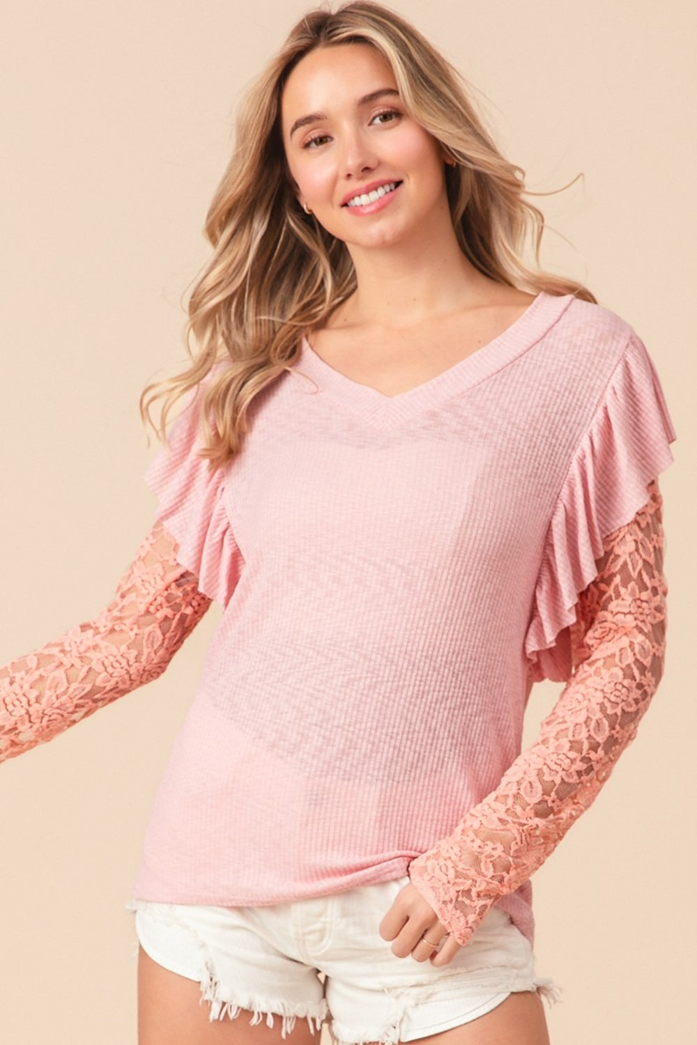 BiBi Ruffled Lace Sleeve Rib Knit Top  Trendsi   