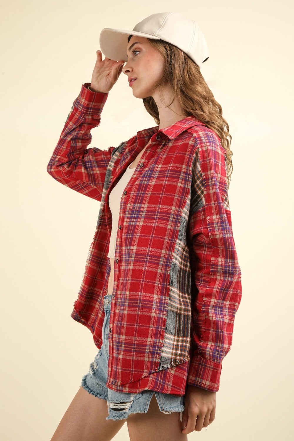 VERY J Contrast Plaid Raw Detail Shirt Luxe Trendsi   