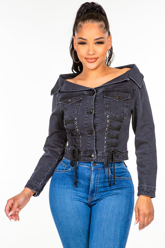 American Bazi Off Shoulder Lace Up Denim Jacket  Trendsi Black S 