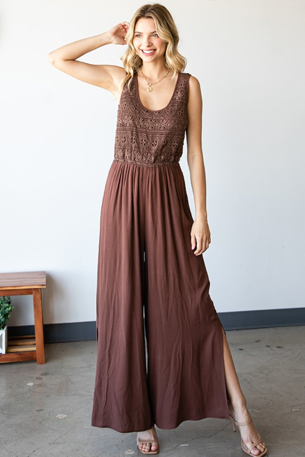 First Love Tie Back Sleeveless Slit Wide Leg Jumpsuit  Trendsi   