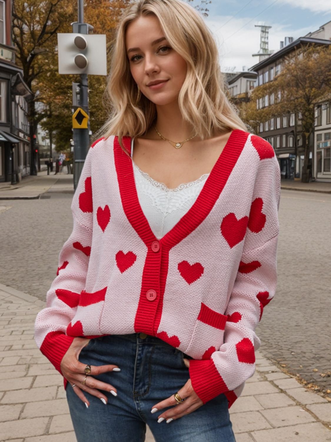 Heart Button Up Dropped Shoulder Long Sleeve Cardigan  Trendsi Blush Pink S 