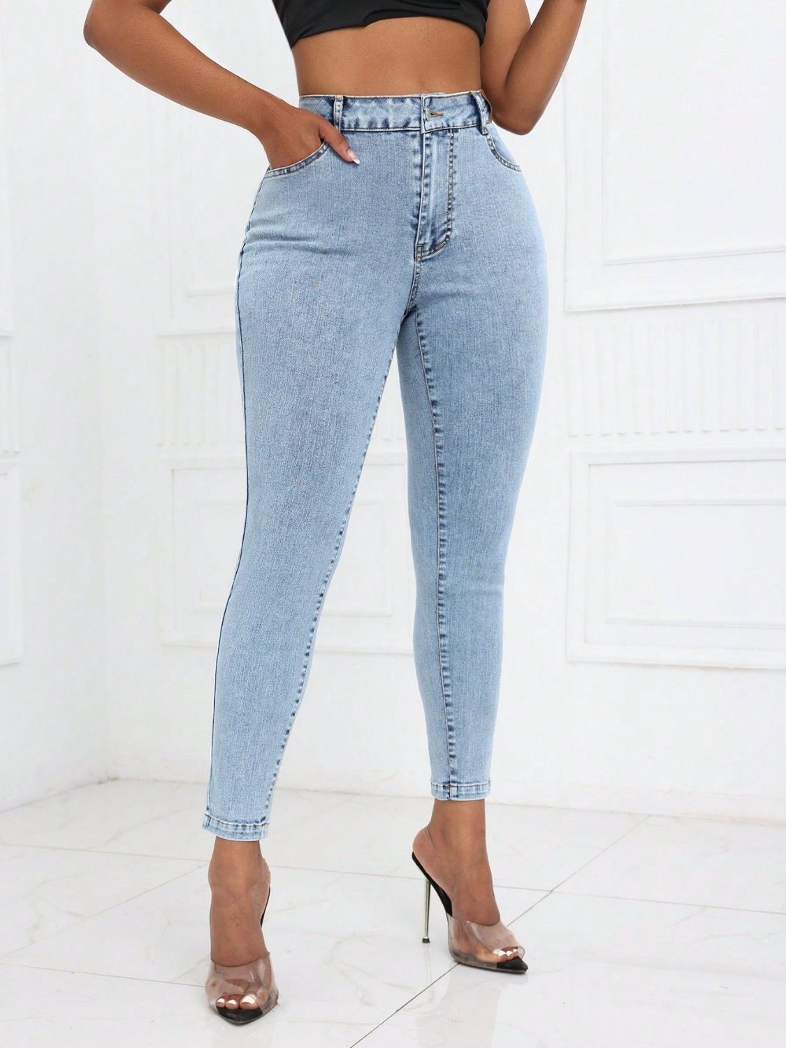 High Waist Skinny Jeans with Pockets  Trendsi   