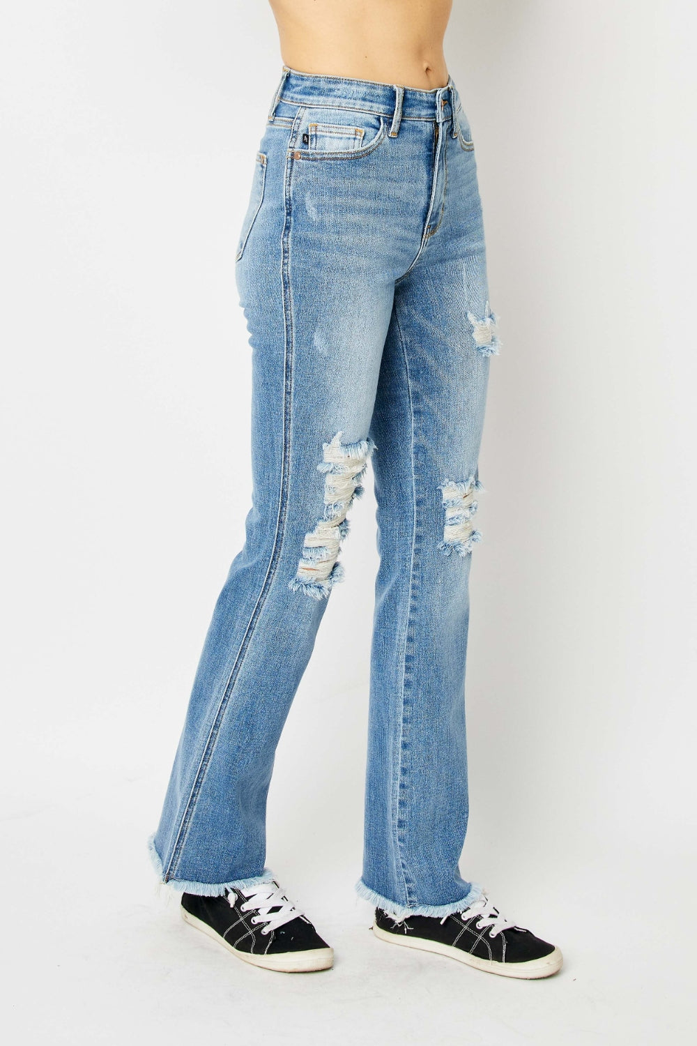 Judy Blue Full Size Distressed Raw Hem Bootcut Jeans  Trendsi   