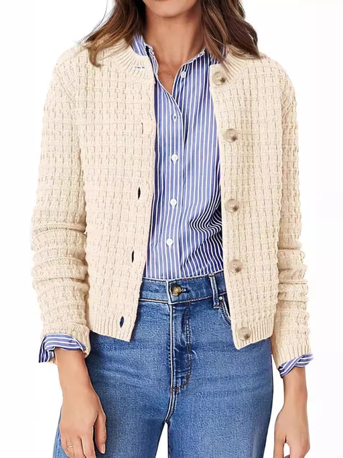 Button Up Round Neck Long Sleeve Cardigan  Trendsi   