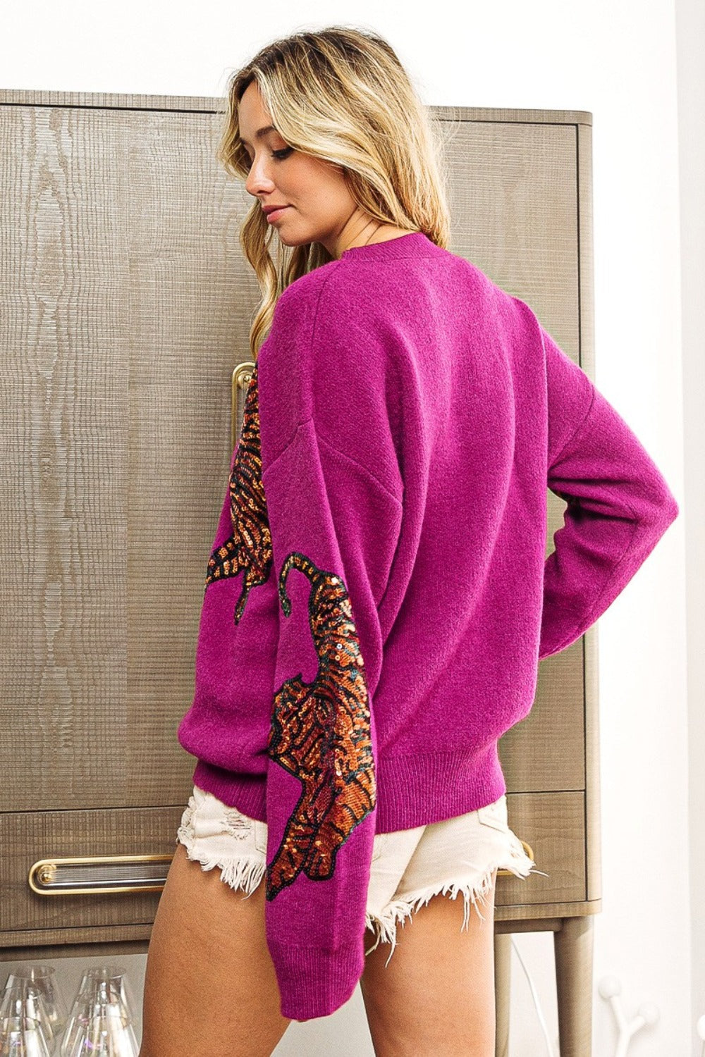 BiBi Sequin Tiger Embroidery Sweater Luxe Trendsi   