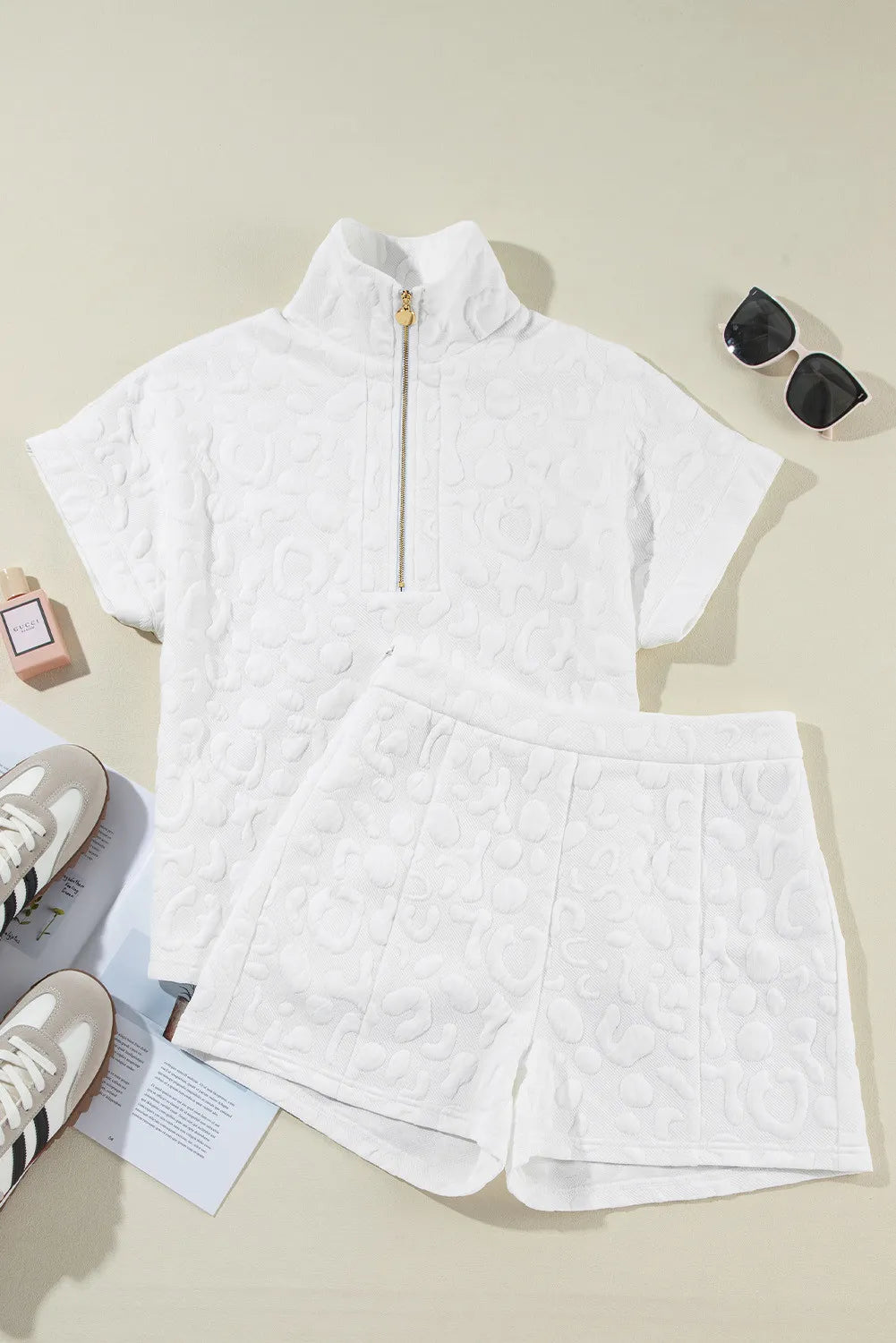 Half Zip Short Sleeve Top and Shorts Set  Trendsi   